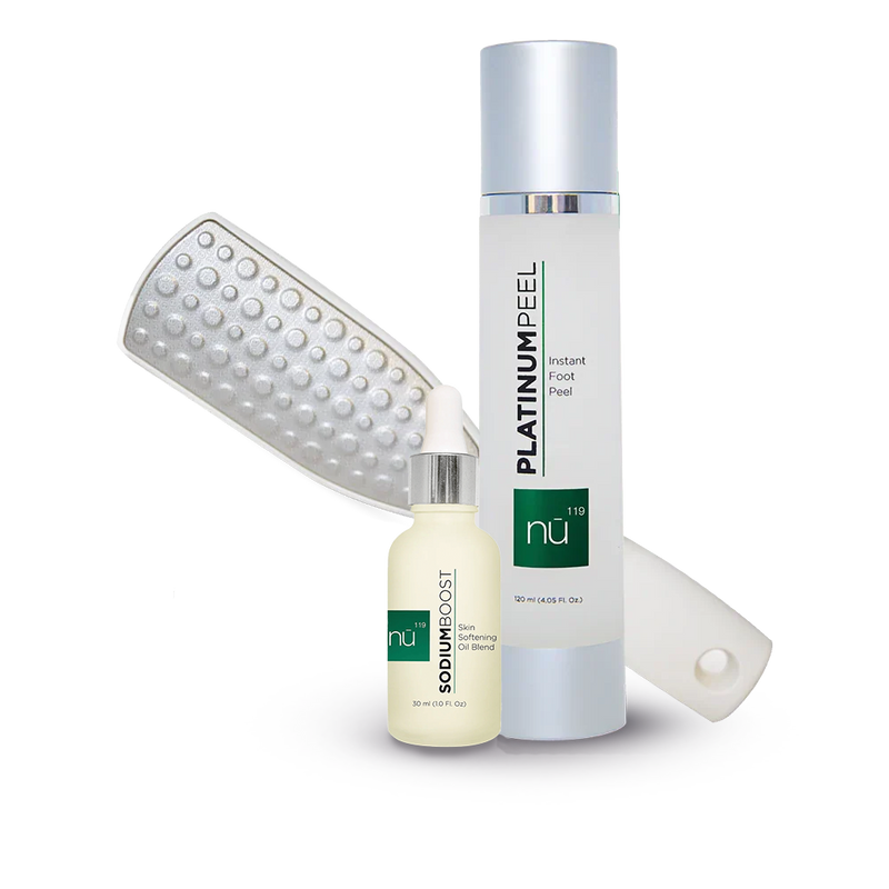 nū119 Deluxe Pedi Bundle – Platinum Peel foot peel, luxury foot file and skin softening oil